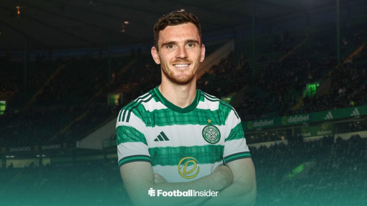 Andrew Robertson in a Celtic shirt in front of Celtic Park and a Football Insider logo