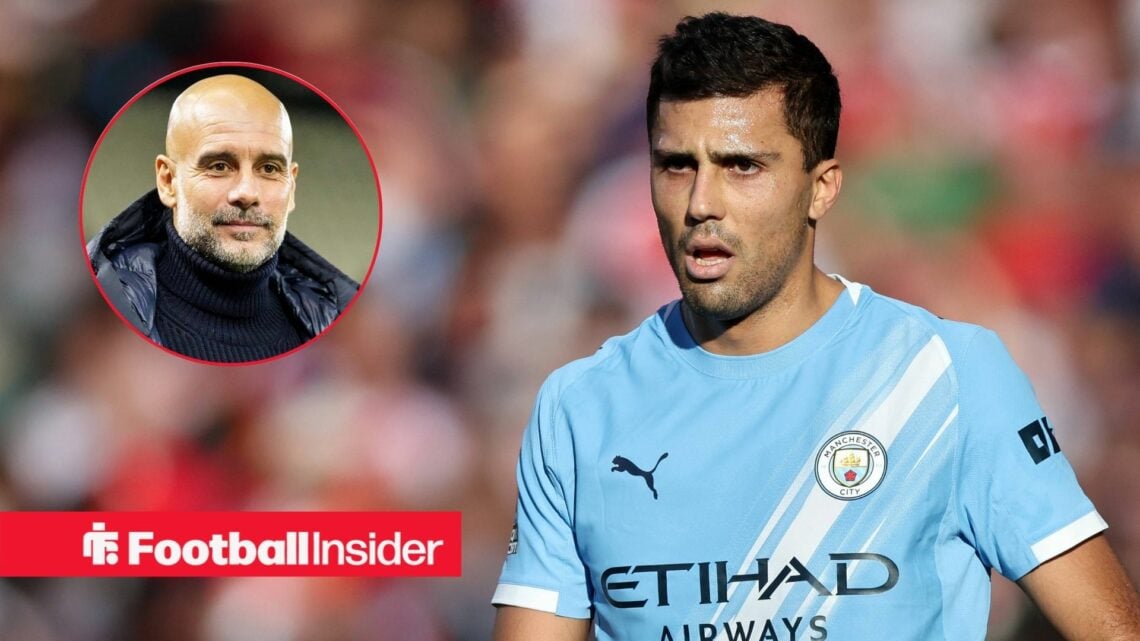 Rodri of Manchester City during the Arsenal vs Manchester City Premier League match at the Emirates Stadium, London / Manchester City Manager Pep G...