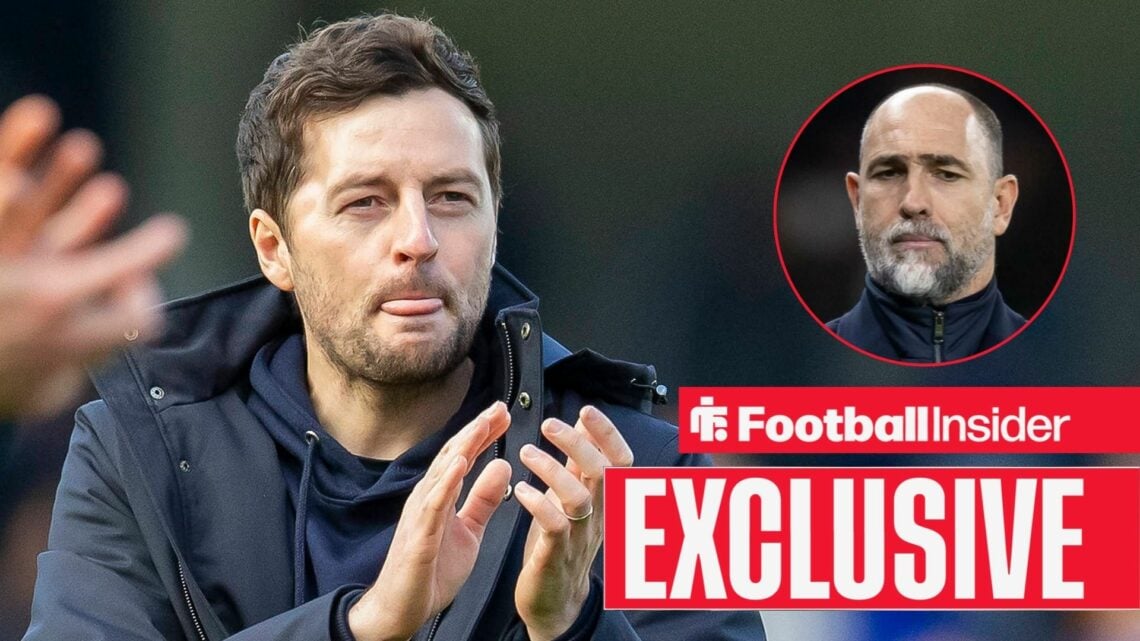 Football Insider exclusive as Ryan Mason applauds after a game, while Tottenham interim manager Igor Tudor looks concerned in a circular inset.