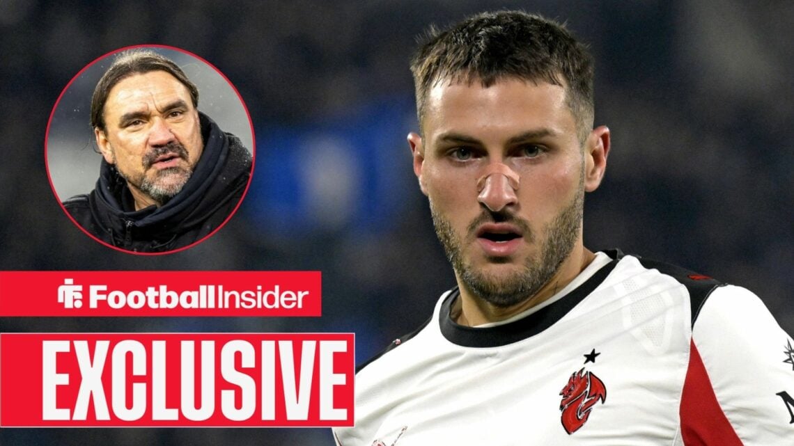 Football Insider exclusive as AC Milan striker Santiago Gimenez is in action during a game, while Leeds manager Daniel Farke watches from a circula...