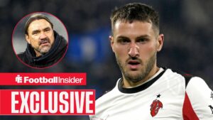Football Insider exclusive as AC Milan striker Santiago Gimenez is in action during a game, while Leeds manager Daniel Farke watches from a circular inset.