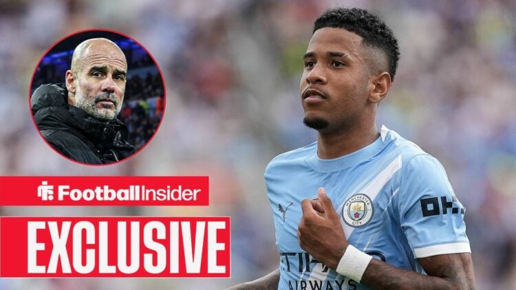 Football Insider exclusive as Savinho is in action during a game for Manchester City, as manager Pep Guardiola raises his eyebrows in a circular in...