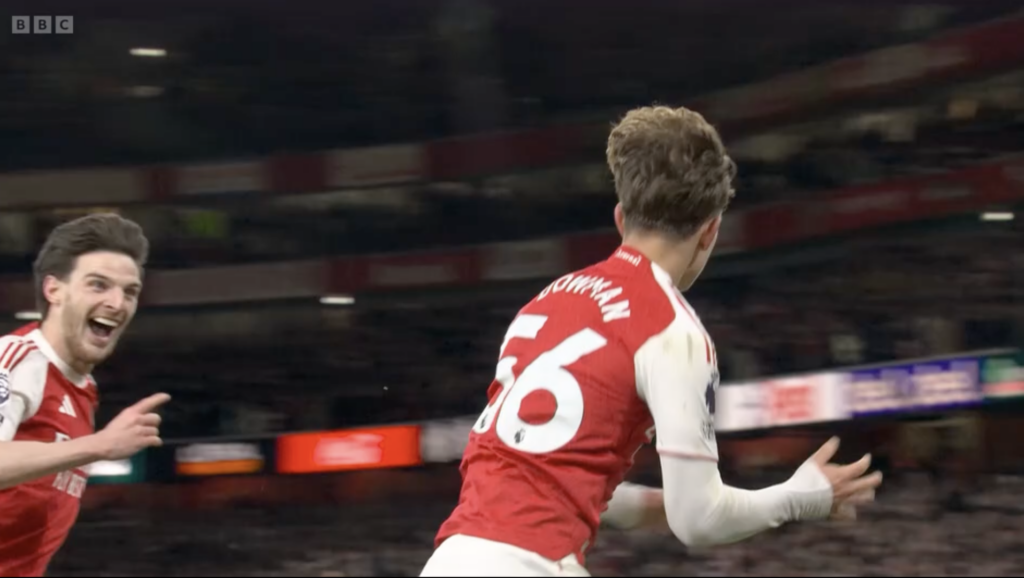 A screenshot of Declan Rice celebrating Max Dowman's goal for Arsenal vs Everton.