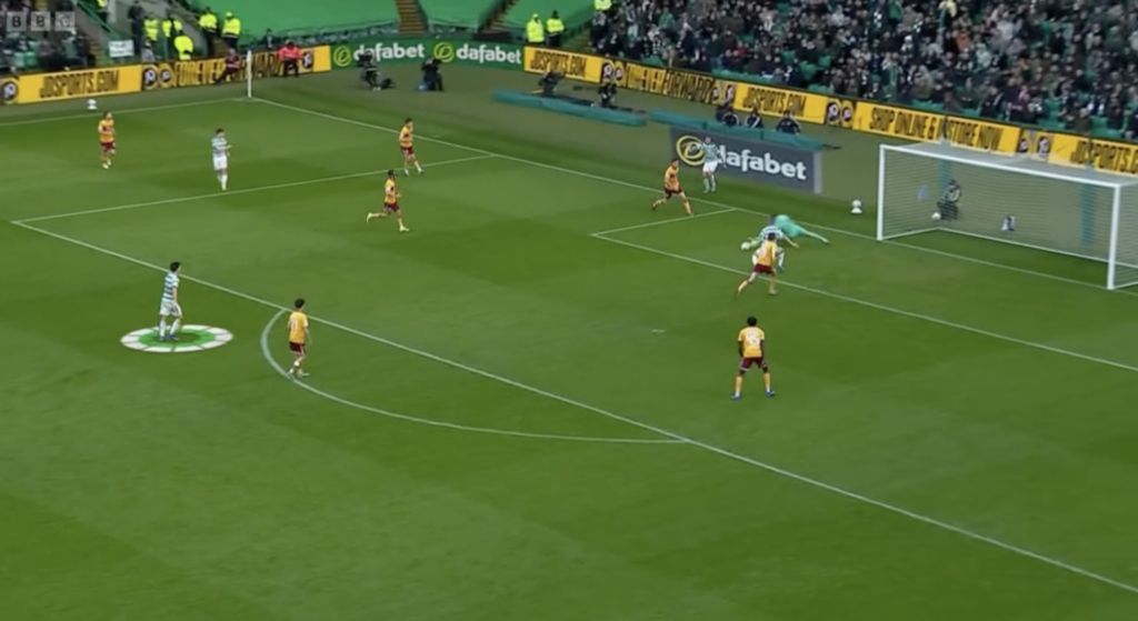 A BBC Sportscene screenshot showing an error from Elijah Just as Motherwell were beaten by Celtic.