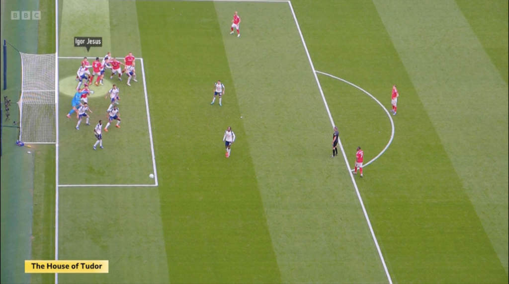 A Match of the Day screenshot showing Djed Spence and Igor Jesus highlighted during Tottenham vs Nottingham Forest.
