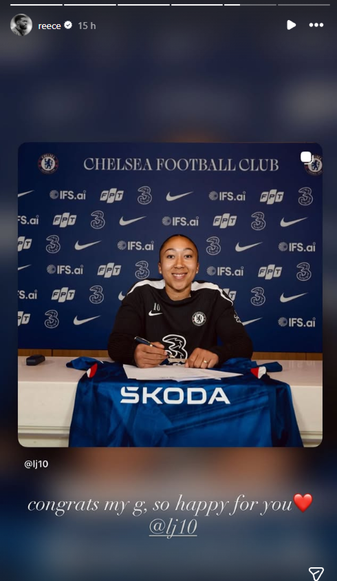 Chelsea player Reece James congratulates Lauren James on her new Chelsea contract