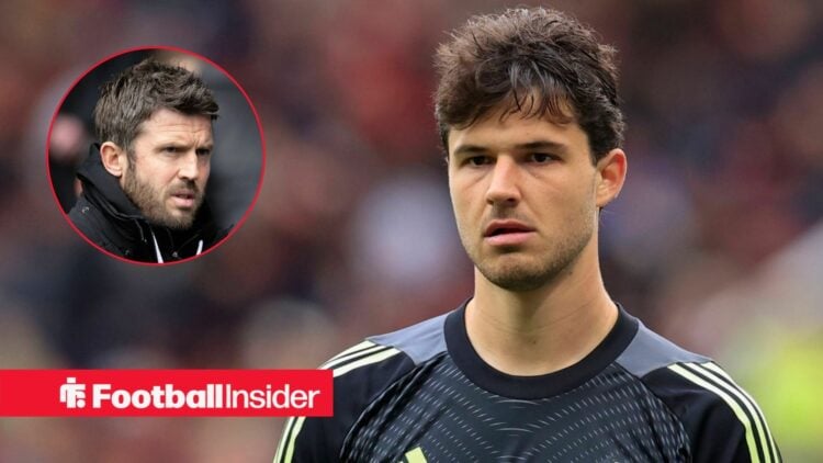 Manchester United goalkeeper Senne Lammens stares towards a circular inset, where manager Michael Carrick watches on.