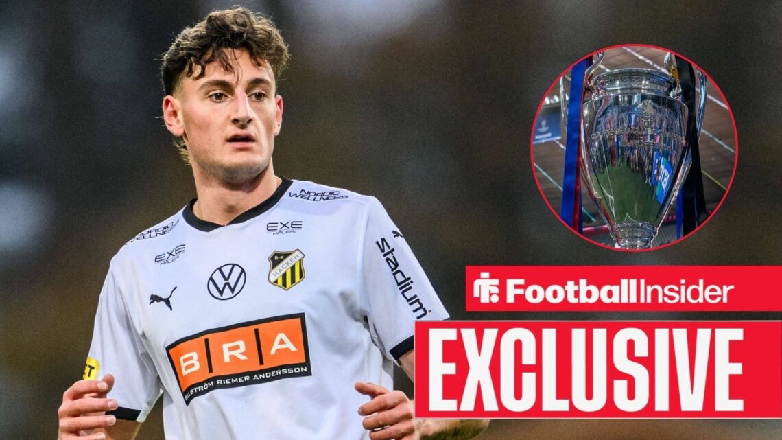 Football Insider exclusive as BK Hacken midfielder Silas Andersen is in action during a game, while the Champions League trophy features in a circu...