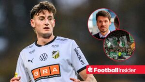 Silas Andersen in action during a game for BK Hacken, as Rangers manager Danny Rohl and Celtic fans feature in a pair of circular insets.