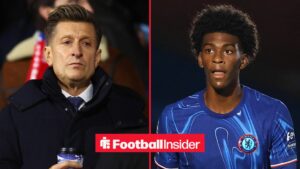 Crystal Palace chairman Steve Parish looks across a split image towards Chelsea defender Josh Acheampong.