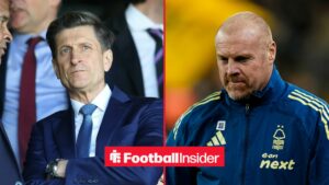 Steve Parish in the stands at Selhurst Park, with Sean Dyche in a Nottingham Forest tracksuit