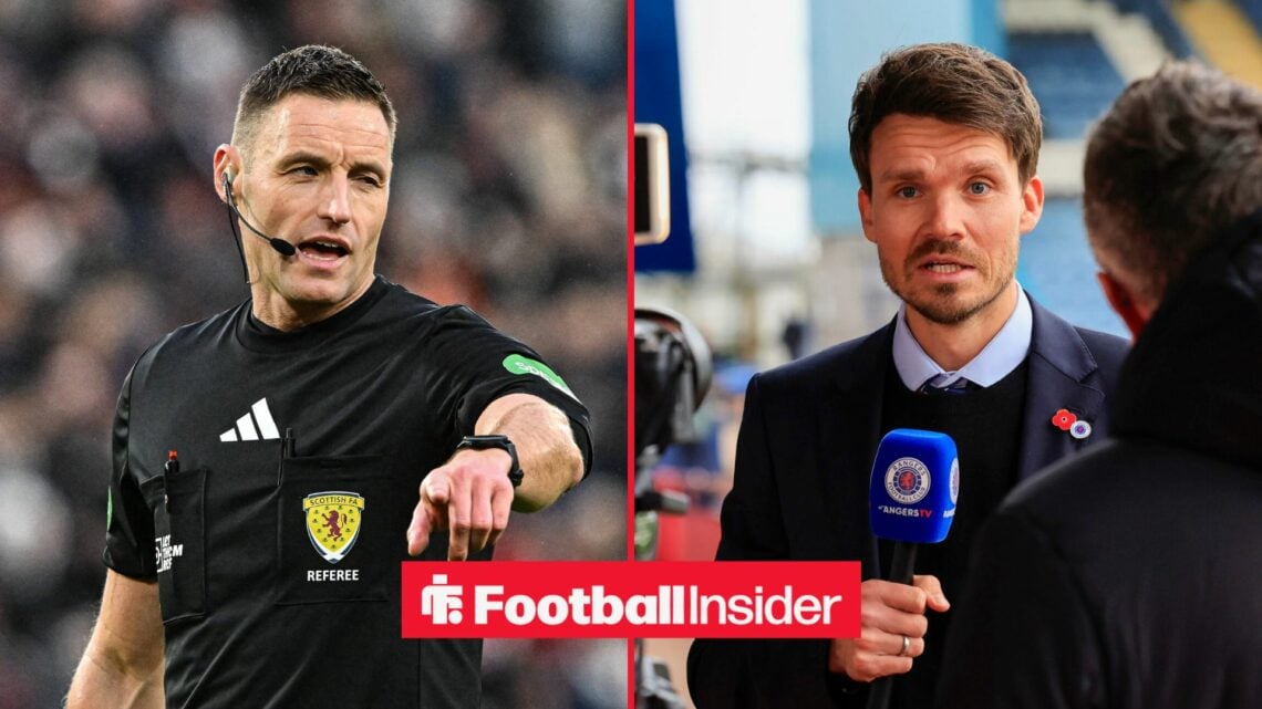 Referee Steven McLean points during a game, as Rangers manager Danny Rohl is interviewed on the other side of a split image.