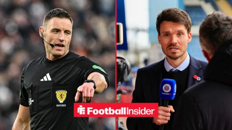 Referee Steven McLean points during a game, as Rangers manager Danny Rohl is interviewed on the other side of a split image.