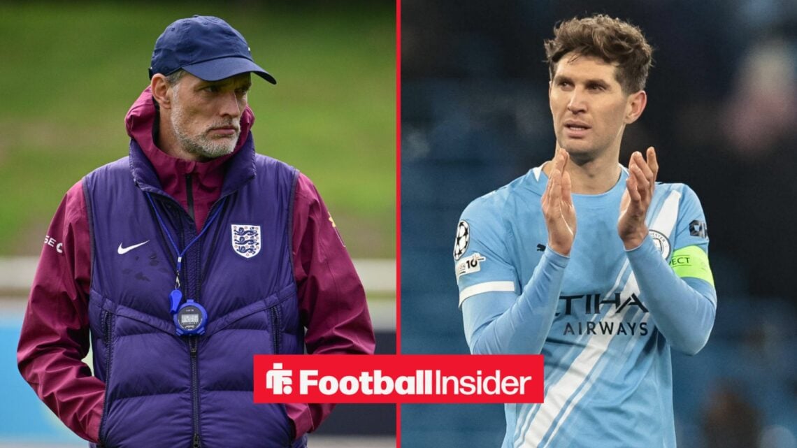 England manager Thomas Tuchel stands with his hands in his pockets, as Manchester City defender John Stones applauds on the other side of a split i...