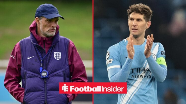 England manager Thomas Tuchel stands with his hands in his pockets, as Manchester City defender John Stones applauds on the other side of a split i...
