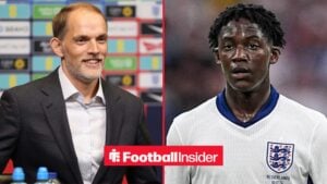 England manager Thomas Tuchel smiles across at Kobbie Mainoo, who is in action on the other side of a split image.