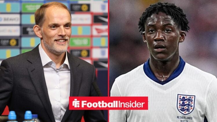 England manager Thomas Tuchel smiles across at Kobbie Mainoo, who is in action on the other side of a split image.