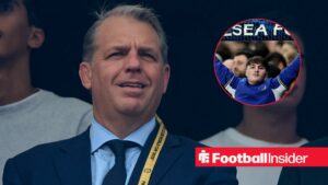 Todd Boehly with a Chelsea fan included in a circular inset