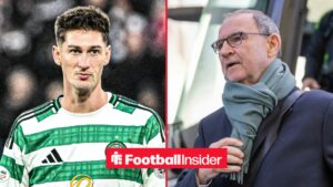 Celtic striker Tomas Cvancara in action in one half of a split image, as Martin O'Neill steps off the team bus on the other side.