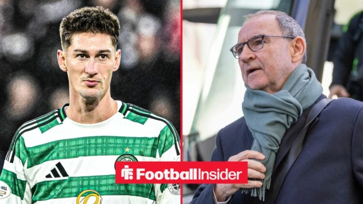 Celtic striker Tomas Cvancara in action in one half of a split image, as Martin O'Neill steps off the team bus on the other side.