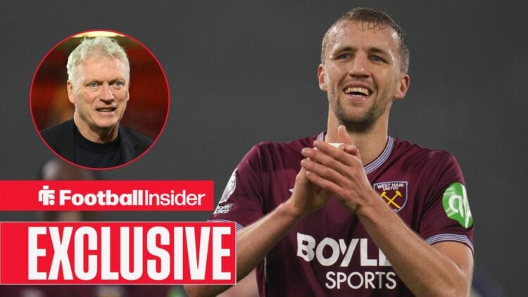 Football Insider exclusive as West Ham midfielder Tomas Soucek applauds after a game, while Everton manager David Moyes watches from a circular inset.