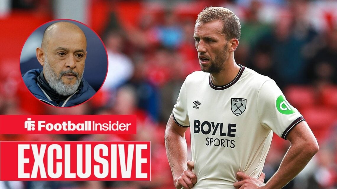 Football Insider exclusive as Tomas Soucek has his hands on his hips during a game for West Ham, while Nuno Espirito Santo looks concerned in a cir...