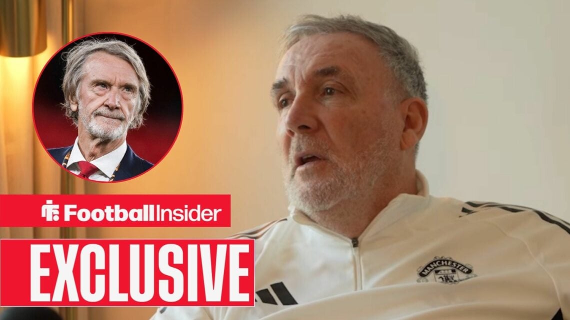 Tony Coton during an interview, with Jim Ratcliffe in a circular inset