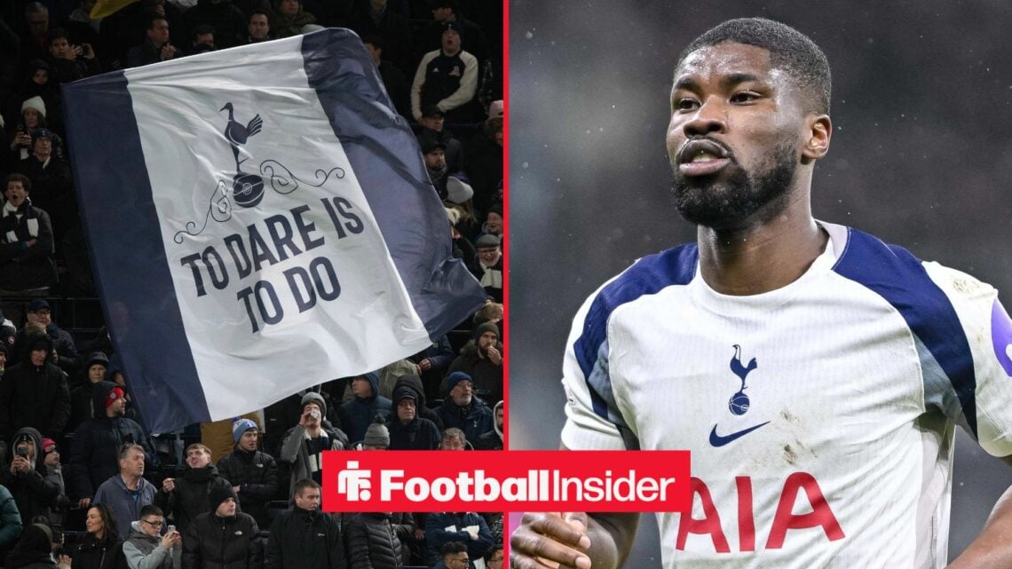 Tottenham fans wave a giant flag in the stands as Kevin Danso is in action on the other side of a split image.