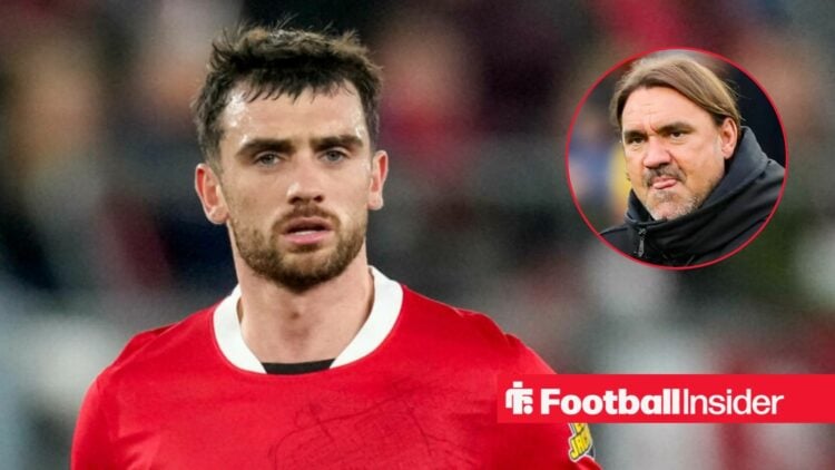 Troy Parrott in action for AZ Alkmaar, with Daniel Farke in a circular inset