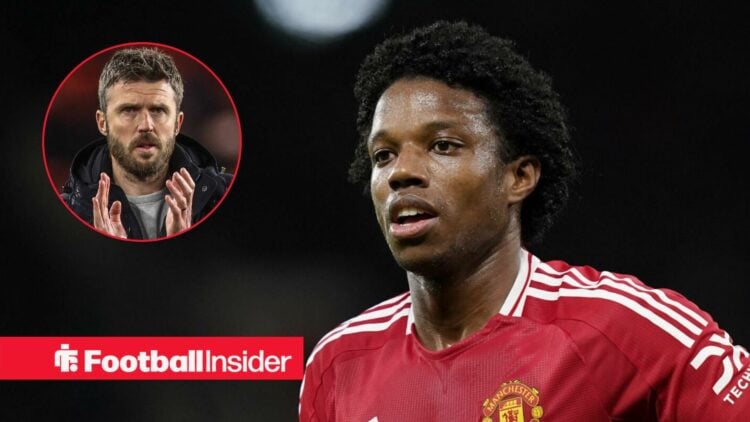 Tyrell Malacia in action for Man United, with Michael Carrick in a circular inset