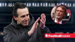 Unai Emery applauding, with Jim Ratcliffe in a circular inset