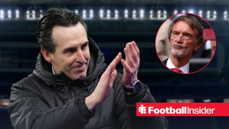Unai Emery applauding, with Jim Ratcliffe in a circular inset