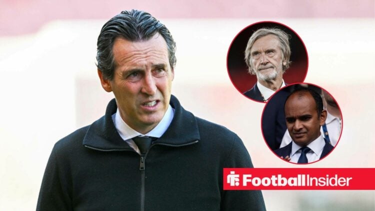 Unai Emery on the sidelines at Aston Villa, with Jim Ratcliffe and Vinai Venkatesham in circular insets
