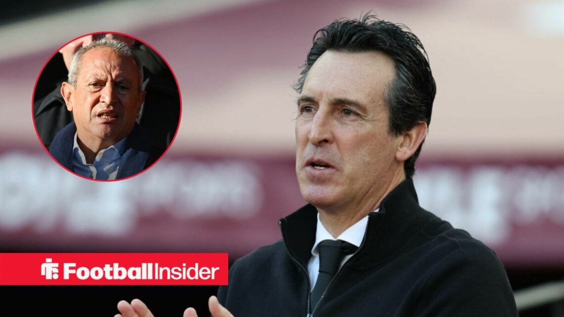 Unai Emery on the sidelines at Aston Villa, with Nassef Sawiris in a circular inset