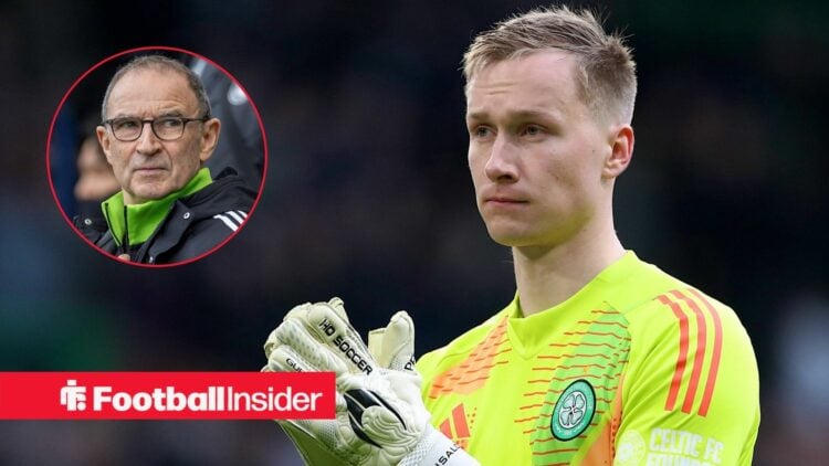 Celtic goalkeeper Viljami Sinisalo applauds after a game, as manager Martin O'Neill watches from a circular inset.