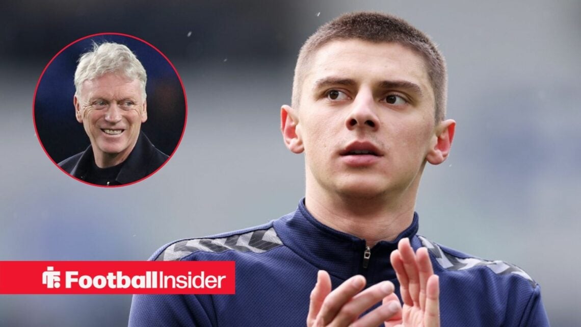 Vitalii Mykolenko in action for Everton, with David Moyes in a circular inset