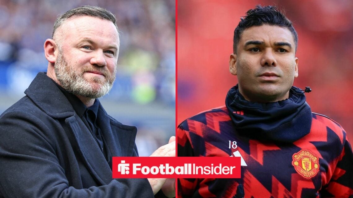 Wayne Rooney smiles on the side of a pitch, as Casemiro warms up for Manchester United in the other half of a split image.