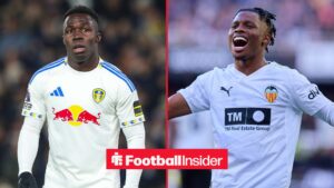 Wilfried Gnonto looks concerned during a game for Leeds United, as Largie Ramazani celebrates on the other side of a split image.