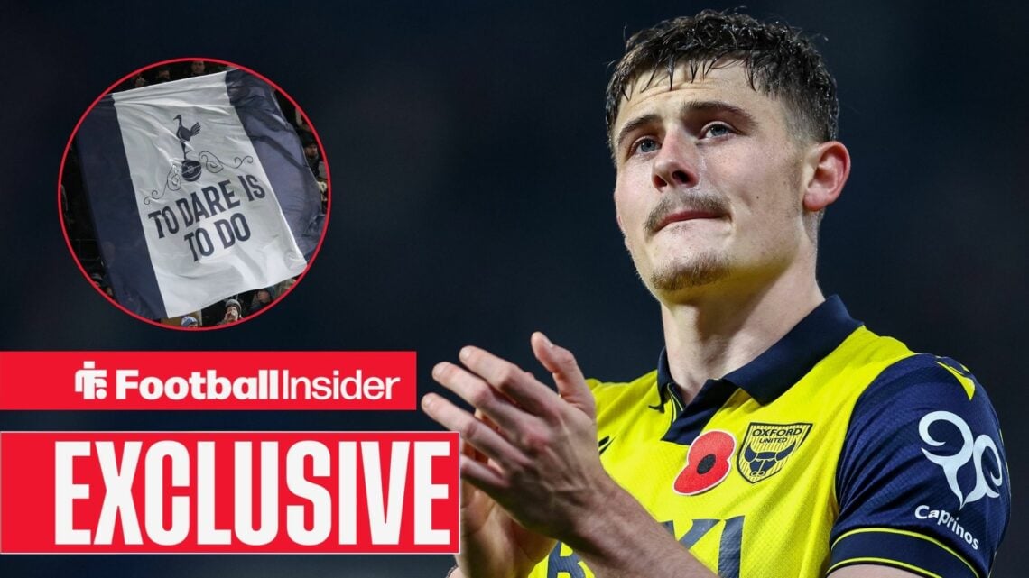 Football Insider exclusive as Will Lankshear applauds after a game for Oxford, while a Tottenham flag features in a circular inset.