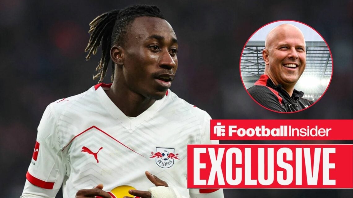 Football Insider exclusive as Yan Diomande is in action for RB Leipzig, while Liverpool manager Arne Slot smiles in a circular inset.