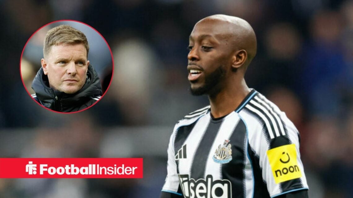 Yoane Wissa in action for Newcastle, with Eddie Howe in a circular inset