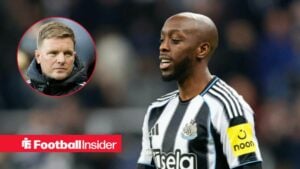 Yoane Wissa in action for Newcastle, with Eddie Howe in a circular inset