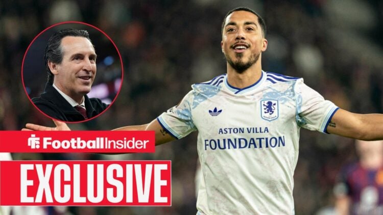 Football Insider exclusive as Aston Villa midfielder Youri Tielemans celebrates a goal with his arms outstretched, while manager Unai Emery smiles ...