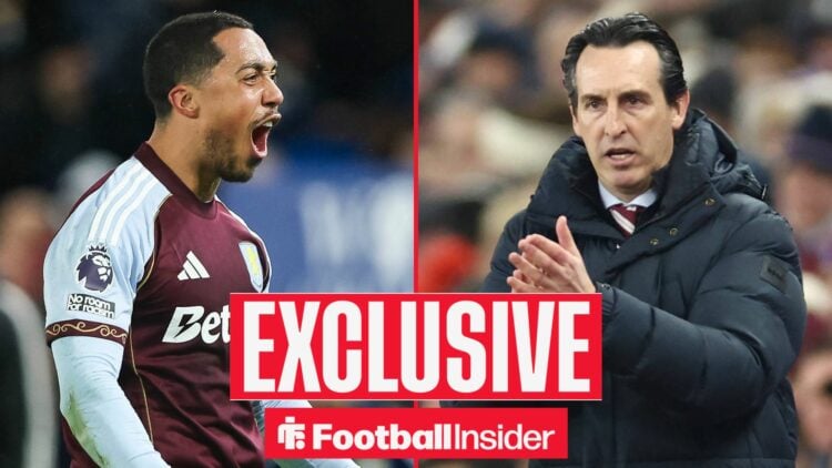 Football Insider exclusive as Aston Villa midfielder Youri Tielemans shouts after a game, while manager Unai Emery applauds on the other side of a ...