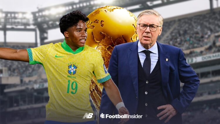 Lyon forward Endrick wears Brazil shirt with Carlo Ancelotti and the World Cup trophy, New Balance logo