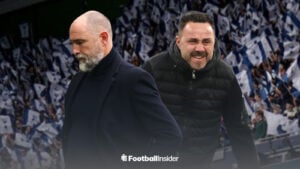 Tottenham managder Igor Tudor hangs his head in shame as Roberto De Zerbi celebrates.