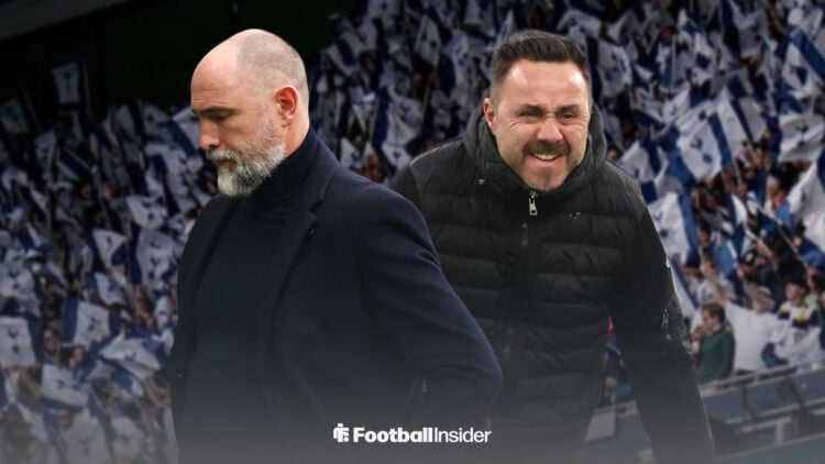 Tottenham managder Igor Tudor hangs his head in shame as Roberto De Zerbi celebrates.