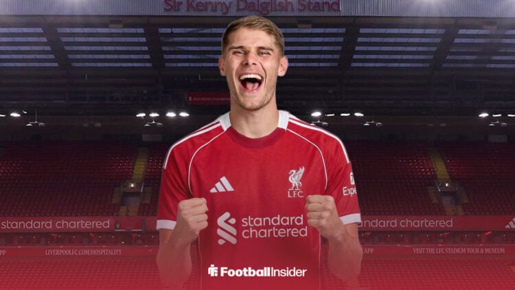 Micky van de Ven wearing a Liverpool shirt at Anfield