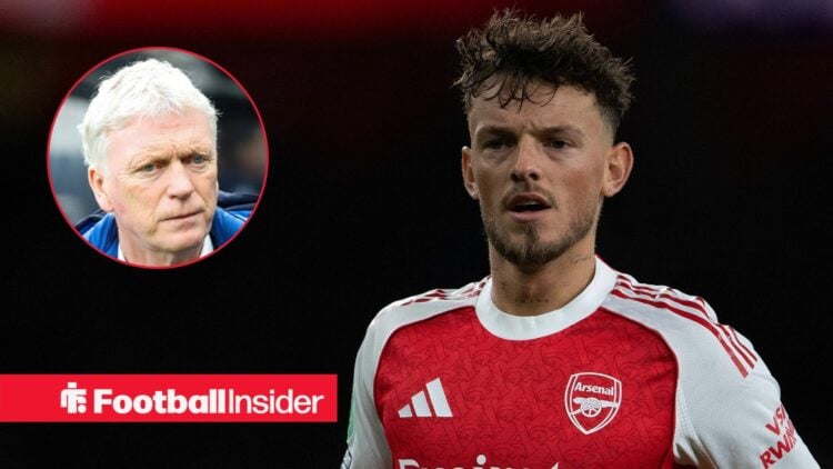 Arsenal defender Ben White with Everton manager David Moyes inset