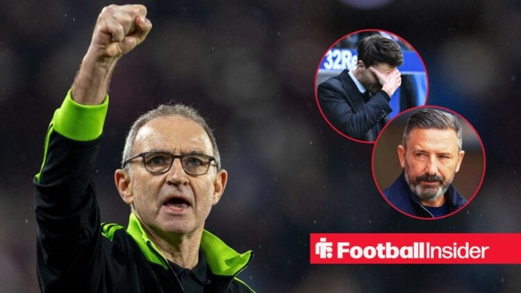 Martin O'Neill celebrating with Danny Rohl and Derek McInnes in circle